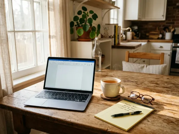 Warm kitchen table with open laptop, mug of tea, and handwritten notes for in-home tech help