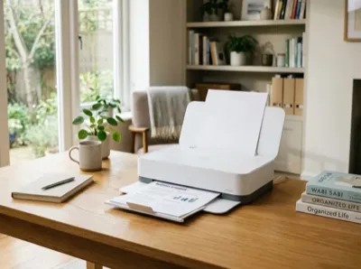 Wireless home printer cleanly printing document without cord clutter