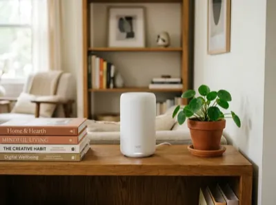 Mesh Wi-Fi router on bookshelf providing reliable wireless internet